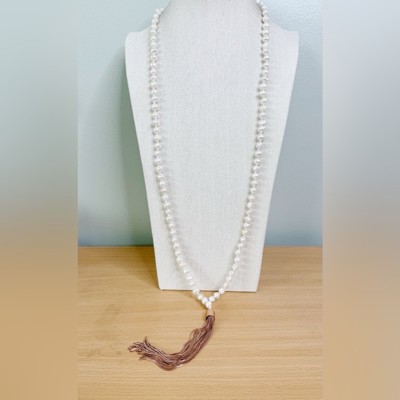 White House Black Market Jewelry - White House Black Market Pearl Bead Necklace with Taupe/Brown Tassel
